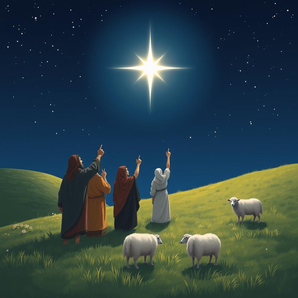 A serene nighttime landscape depicting a group of shepherds in ancient attire gazing up at a bright new star in the sky