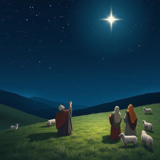 A serene nighttime landscape depicting a group of shepherds in ancient attire gazing up at a bright new star in the sky