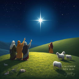 A serene nighttime landscape depicting a group of shepherds in ancient attire gazing up at a bright new star in the sky