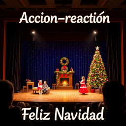 A theater scene viewed from the audience's perspective, showcasing a beautifully decorated Christmas setting on stage