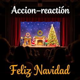 A theater scene viewed from the audience's perspective, showcasing a beautifully decorated Christmas setting on stage