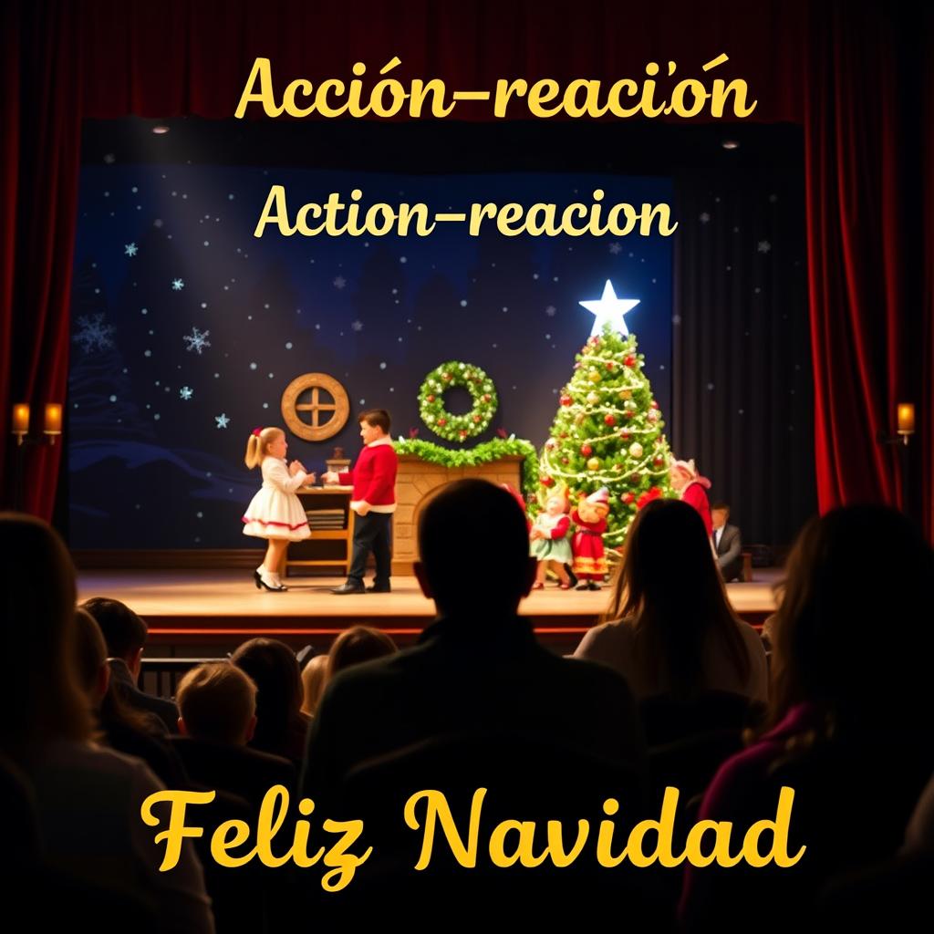 A theater scene viewed from the audience's perspective, showcasing a beautifully decorated Christmas setting on stage