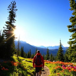 A scenic view of a hiker exploring the lush green trails of Scout Mountain, surrounded by towering pine trees and vibrant wildflowers