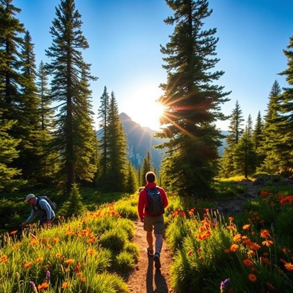 A scenic view of a hiker exploring the lush green trails of Scout Mountain, surrounded by towering pine trees and vibrant wildflowers