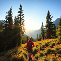 A scenic view of a hiker exploring the lush green trails of Scout Mountain, surrounded by towering pine trees and vibrant wildflowers