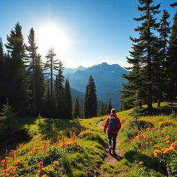 A scenic view of a hiker exploring the lush green trails of Scout Mountain, surrounded by towering pine trees and vibrant wildflowers