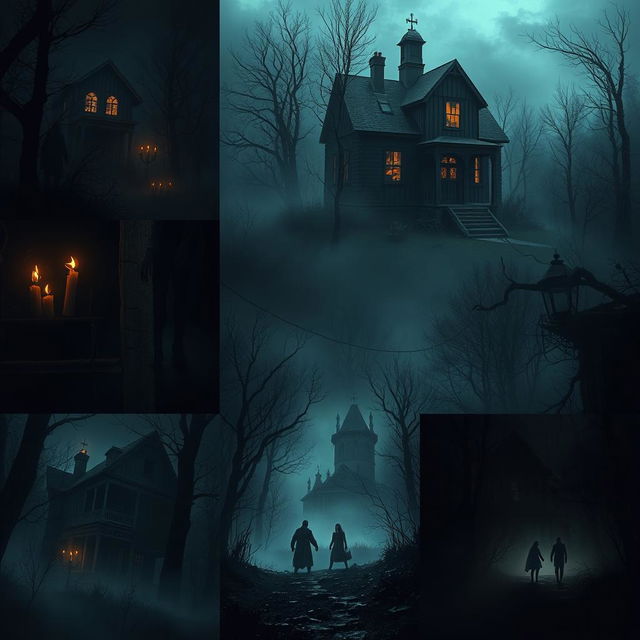 A series of terrifying images depicting eerie haunted houses, ominous forests shrouded in mist, and ghostly figures lurking in the shadows