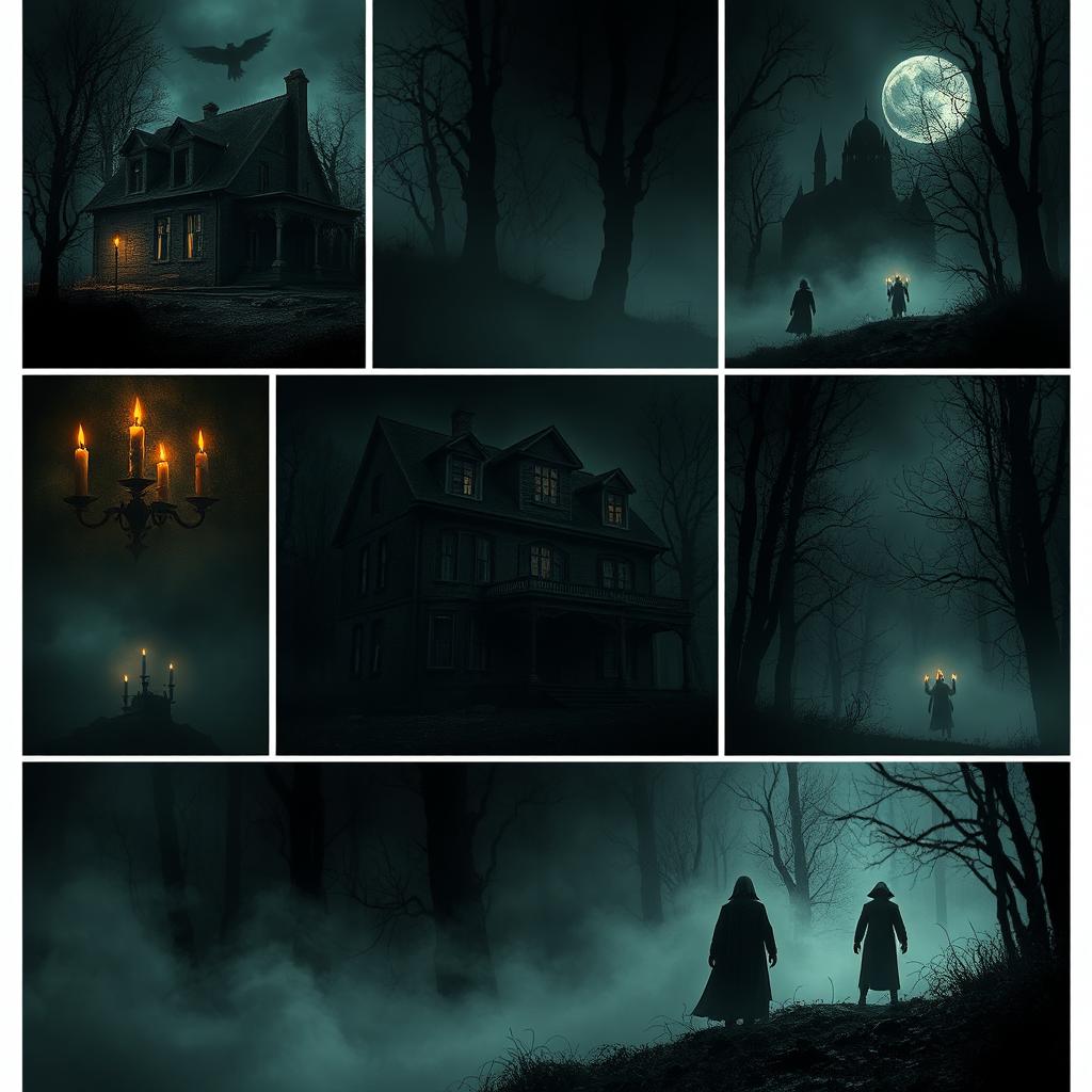 A series of terrifying images depicting eerie haunted houses, ominous forests shrouded in mist, and ghostly figures lurking in the shadows