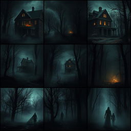 A series of terrifying images depicting eerie haunted houses, ominous forests shrouded in mist, and ghostly figures lurking in the shadows