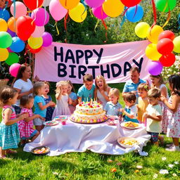 A vibrant and festive birthday party scene, filled with colorful balloons and streamers