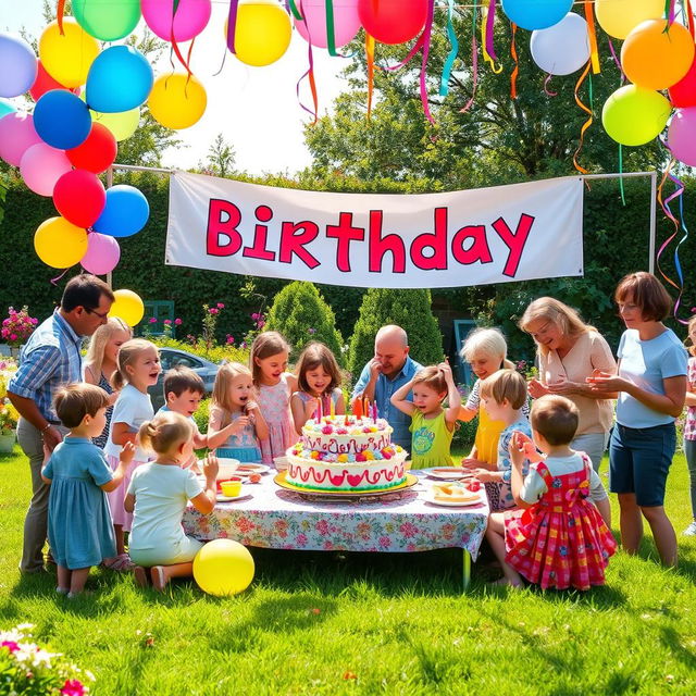 A vibrant and festive birthday party scene, filled with colorful balloons and streamers