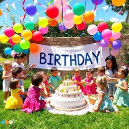 A vibrant and festive birthday party scene, filled with colorful balloons and streamers