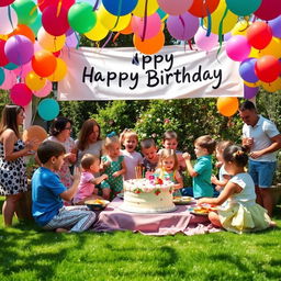 A vibrant and festive birthday party scene, filled with colorful balloons and streamers