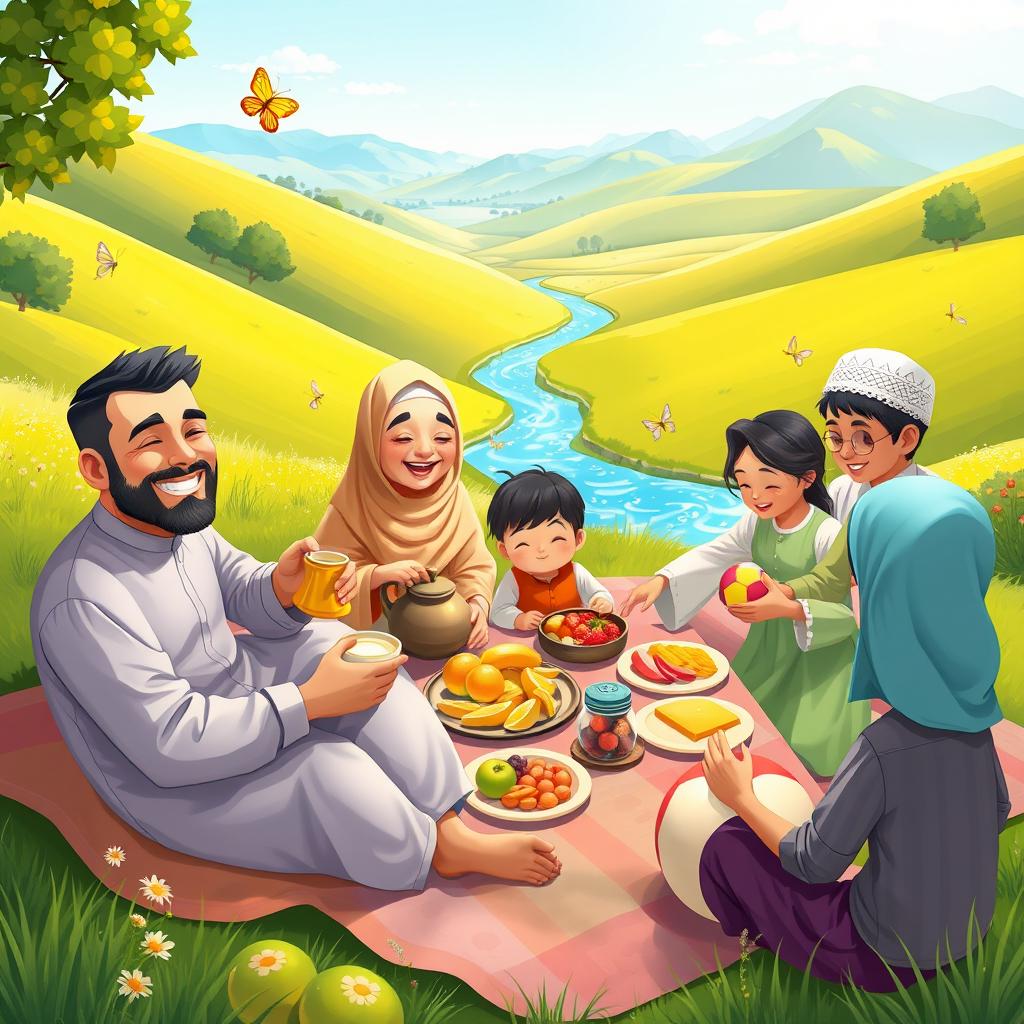 A heartwarming illustration of a Muslim family reunion having a picnic in a sunny green valley