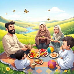 A heartwarming illustration of a Muslim family reunion having a picnic in a sunny green valley