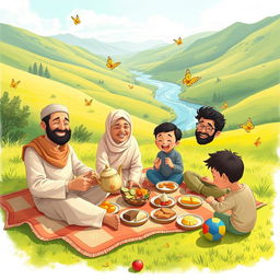 A heartwarming illustration of a Muslim family reunion having a picnic in a sunny green valley