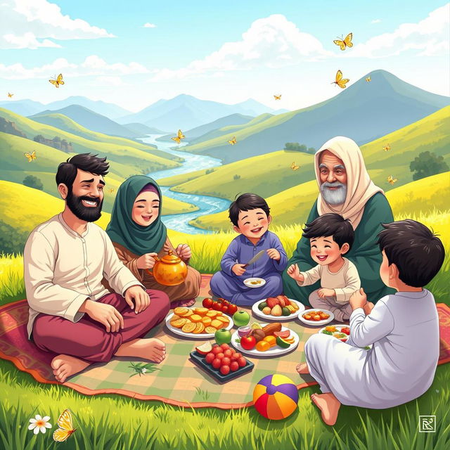 A heartwarming illustration of a Muslim family reunion having a picnic in a sunny green valley