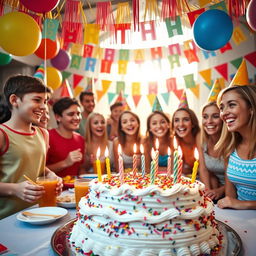A vibrant birthday party scene featuring colorful decorations and a cake with lit candles