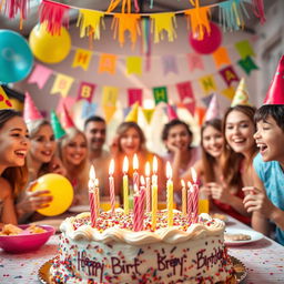 A vibrant birthday party scene featuring colorful decorations and a cake with lit candles