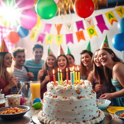 A vibrant birthday party scene featuring colorful decorations and a cake with lit candles