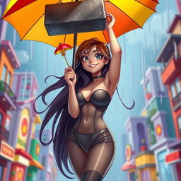 A sexy girl with long flowing hair, wearing a form-fitting outfit, holds up a tiny, colorful umbrella with a playful expression on her face