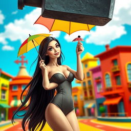 A sexy girl with long flowing hair, wearing a form-fitting outfit, holds up a tiny, colorful umbrella with a playful expression on her face