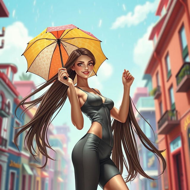 A sexy girl with long flowing hair, wearing a form-fitting outfit, holds up a tiny, colorful umbrella with a playful expression on her face