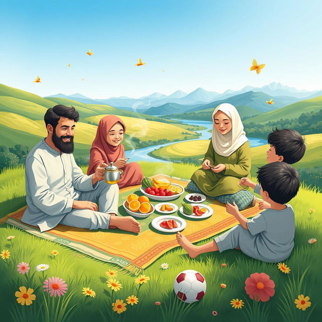 A whimsical illustration of a Muslim family reunion enjoying a picnic in a sunny green valley