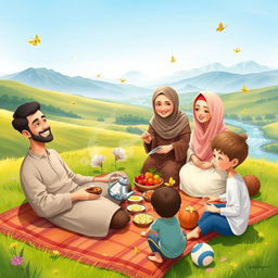 A whimsical illustration of a Muslim family reunion enjoying a picnic in a sunny green valley