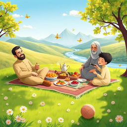 A whimsical illustration of a Muslim family reunion enjoying a picnic in a sunny green valley