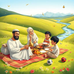 A whimsical illustration of a Muslim family reunion enjoying a picnic in a sunny green valley