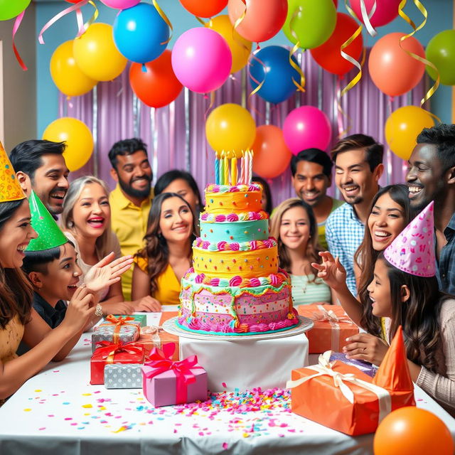 A vibrant birthday party scene featuring a colorful cake at the center of a festive table