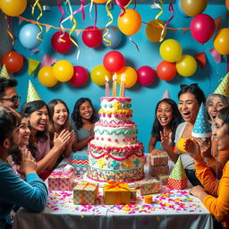 A vibrant birthday party scene featuring a colorful cake at the center of a festive table