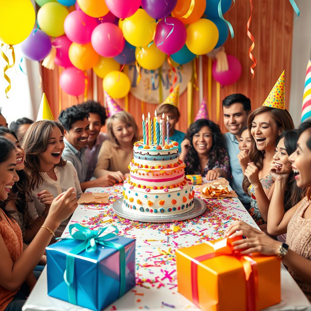 A vibrant birthday party scene featuring a colorful cake at the center of a festive table