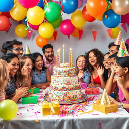 A vibrant birthday party scene featuring a colorful cake at the center of a festive table