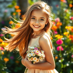 A stunningly beautiful girl with long flowing hair, bright sparkling eyes, and a radiant smile