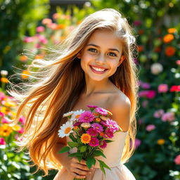 A stunningly beautiful girl with long flowing hair, bright sparkling eyes, and a radiant smile
