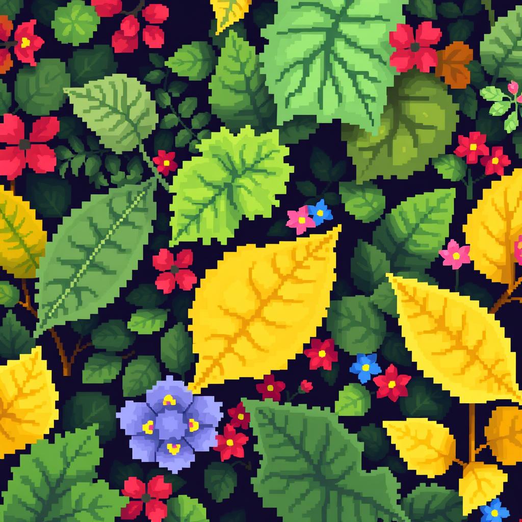 A close-up pixel art composition featuring an array of leaves and flowers