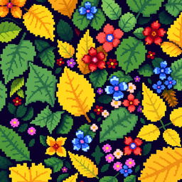 A close-up pixel art composition featuring an array of leaves and flowers