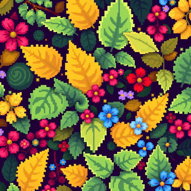 A close-up pixel art composition featuring an array of leaves and flowers