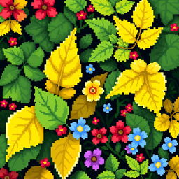 A close-up pixel art composition featuring an array of leaves and flowers