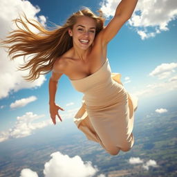 A stunningly beautiful woman, with long flowing hair, playfully falling from a bright blue sky, her expression a captivating and seductive smile