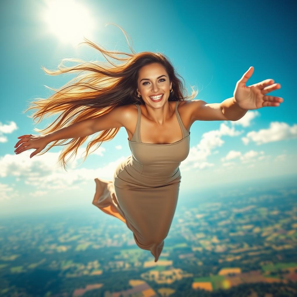 A stunningly beautiful woman, with long flowing hair, playfully falling from a bright blue sky, her expression a captivating and seductive smile