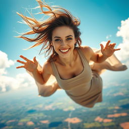 A stunningly beautiful woman, with long flowing hair, playfully falling from a bright blue sky, her expression a captivating and seductive smile