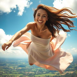 A stunningly beautiful woman, with long flowing hair, playfully falling from a bright blue sky, her expression a captivating and seductive smile