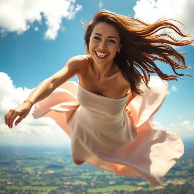 A stunningly beautiful woman, with long flowing hair, playfully falling from a bright blue sky, her expression a captivating and seductive smile