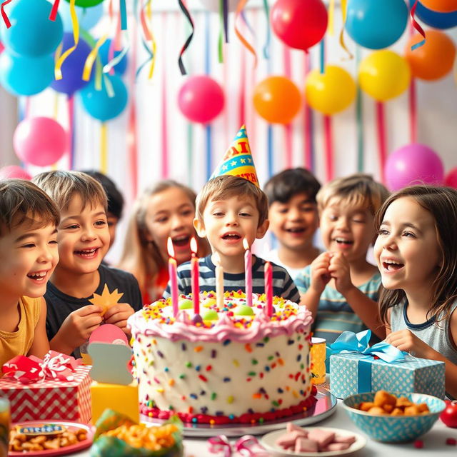 A vibrant birthday party scene featuring a joyful boy celebrating his birthday