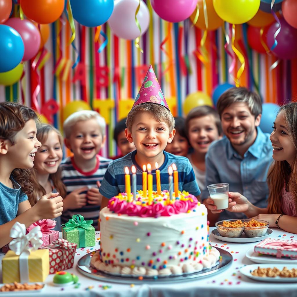 A vibrant birthday party scene featuring a joyful boy celebrating his birthday