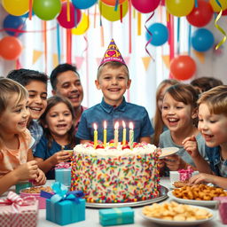 A vibrant birthday party scene featuring a joyful boy celebrating his birthday