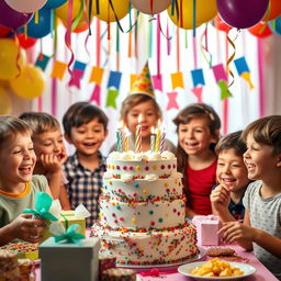 A vibrant birthday party scene featuring a joyful boy celebrating his birthday